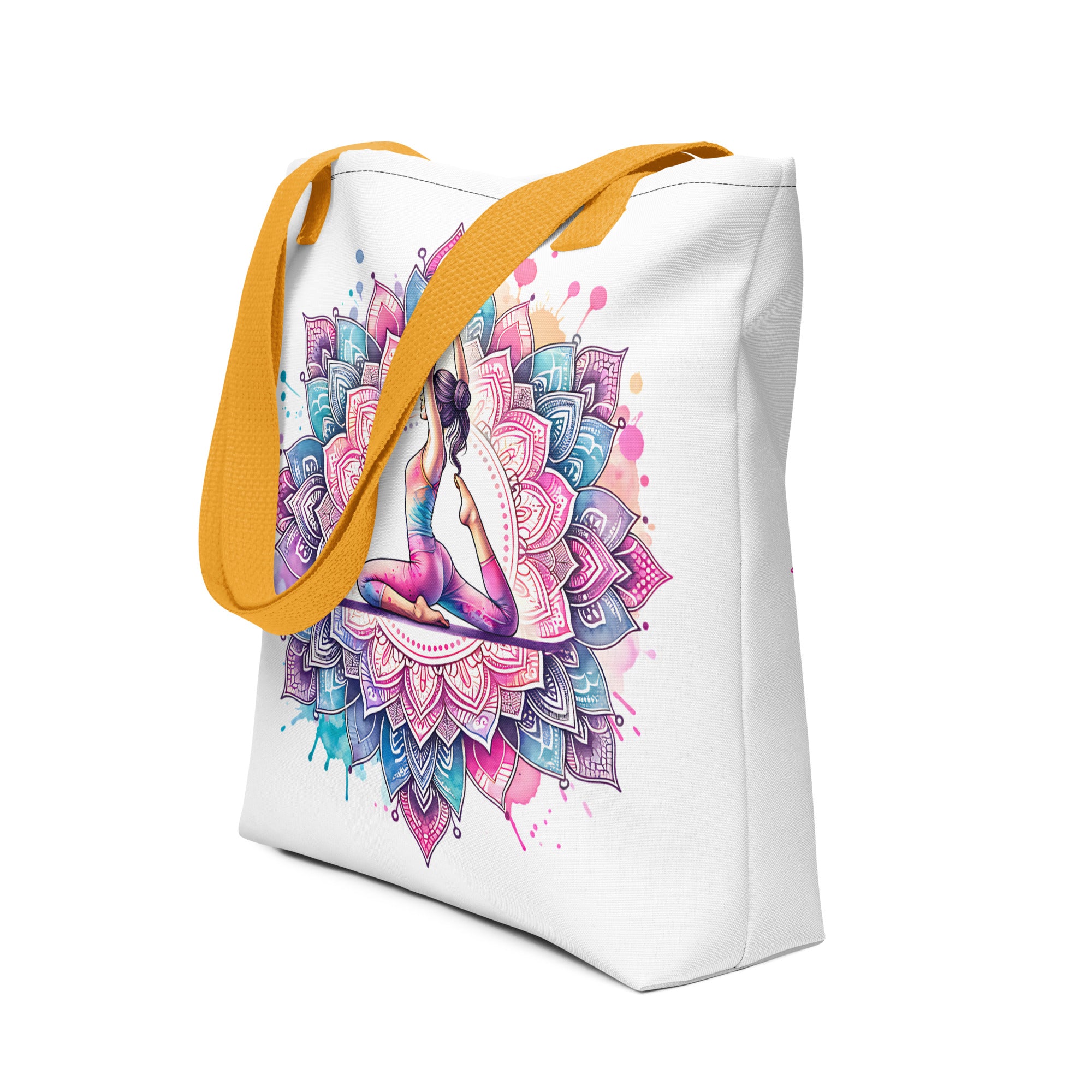 Bolso de tela con estampación de yoga y asas color amarillo