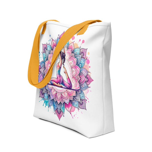 Bolso de tela con estampación de yoga y asas color amarillo