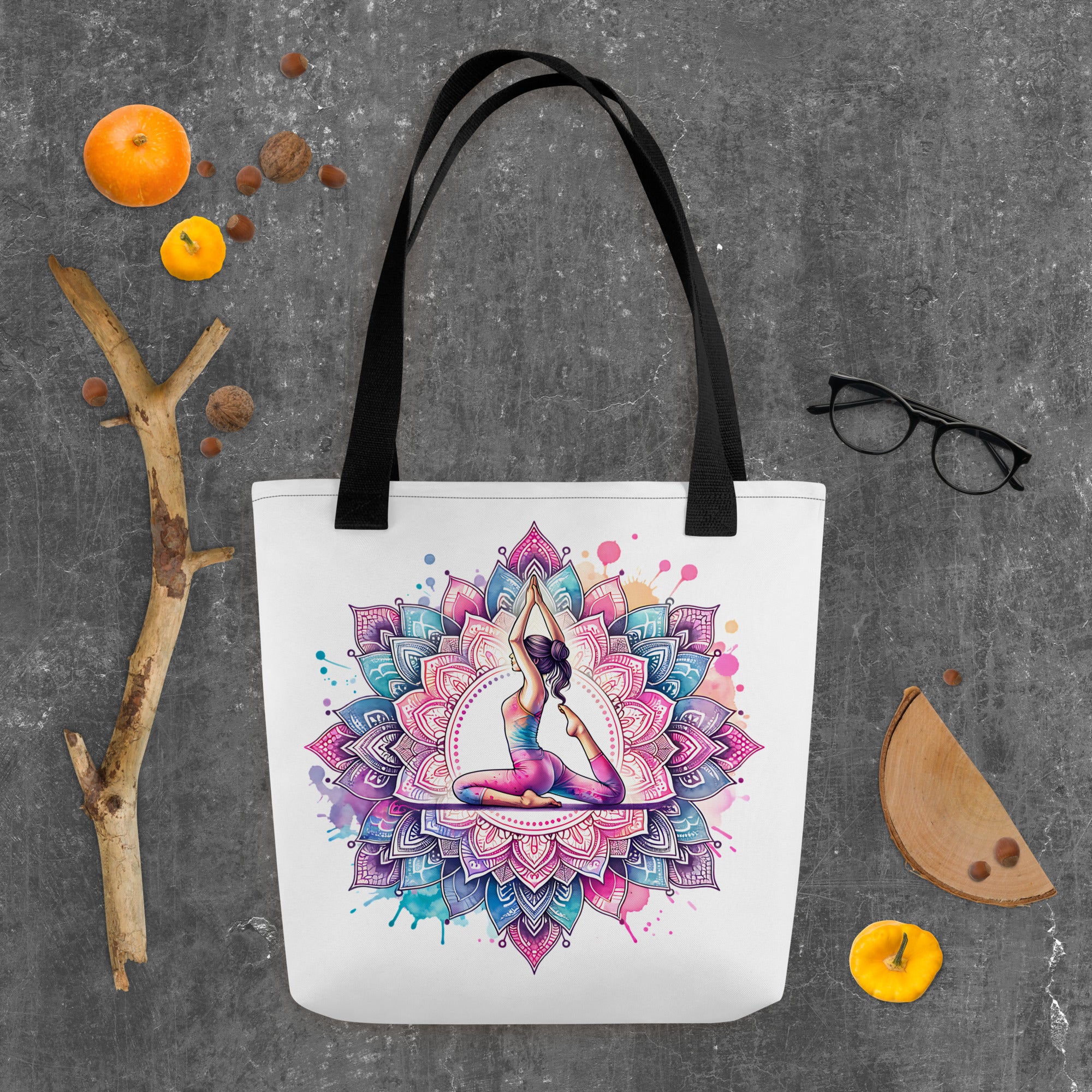 Bolso de tela con estampación de yoga y asas color negro