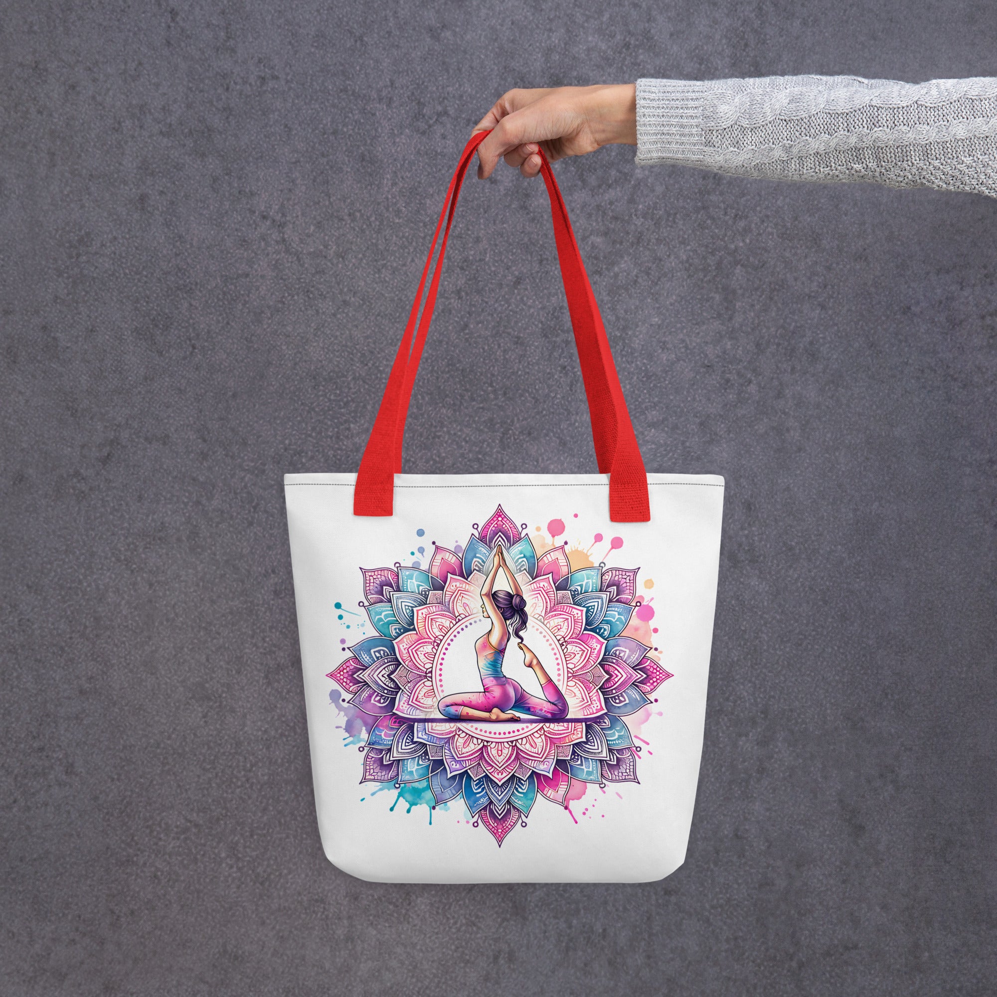 Bolso de tela con estampación de yoga y asas color rojo