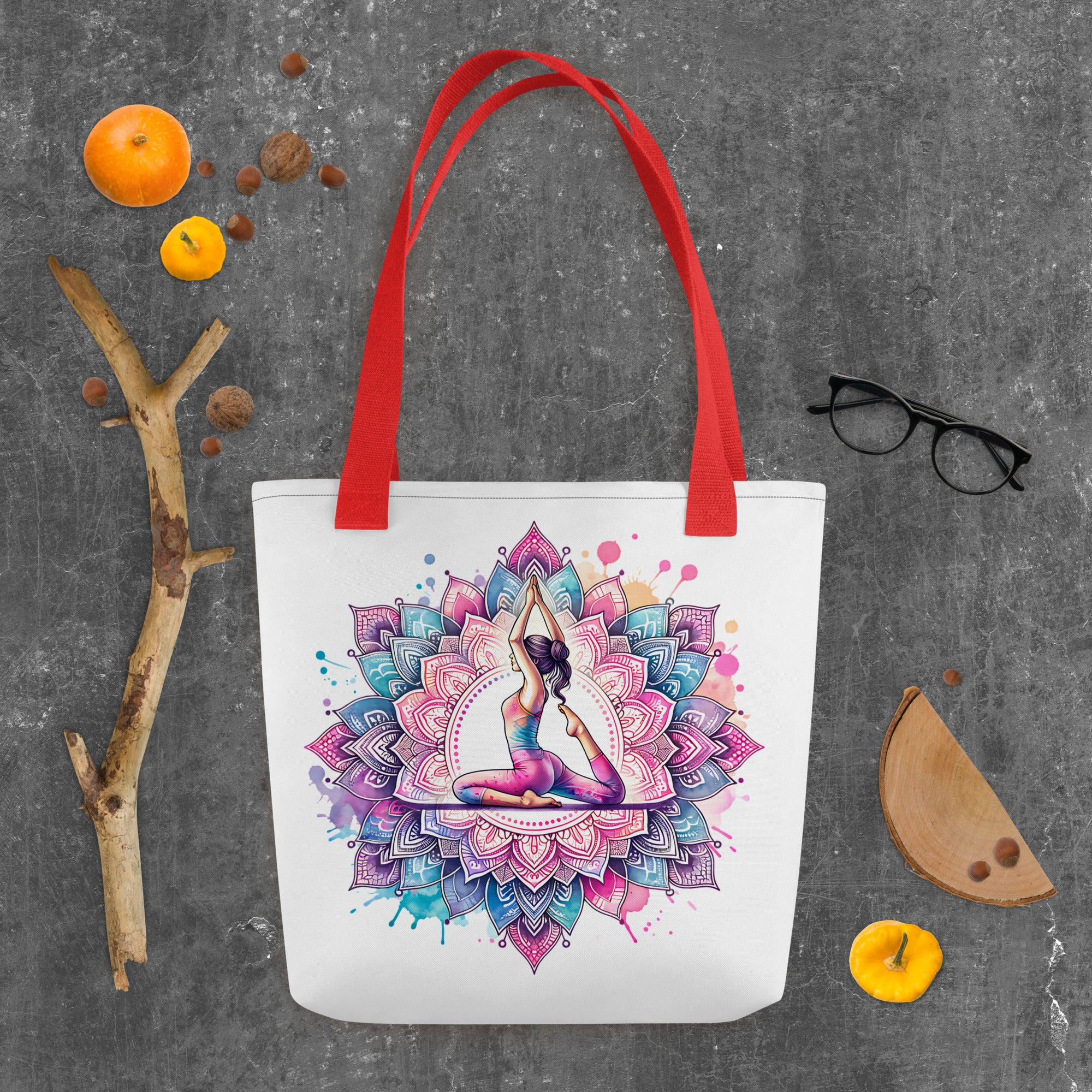 Bolso de tela con estampación de yoga y asas color rojo