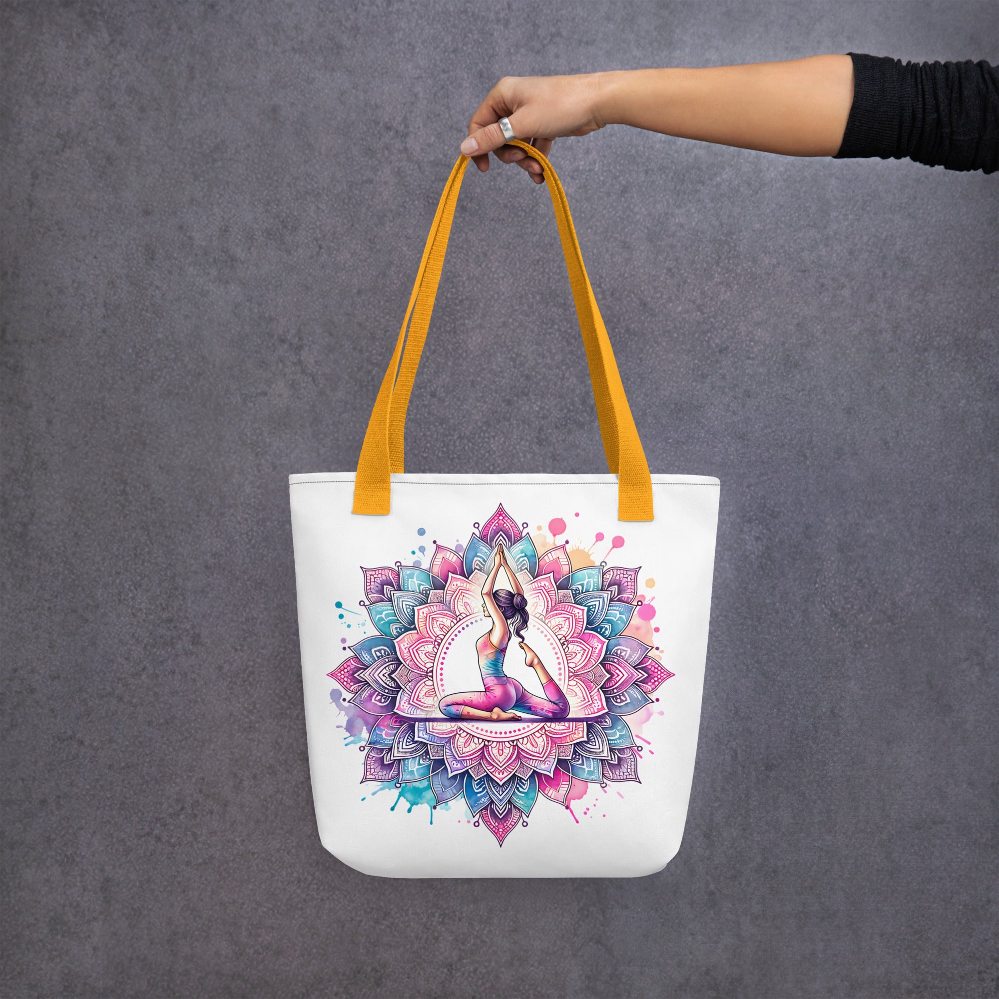 Bolso de tela con estampación de yoga y asas color amarillo