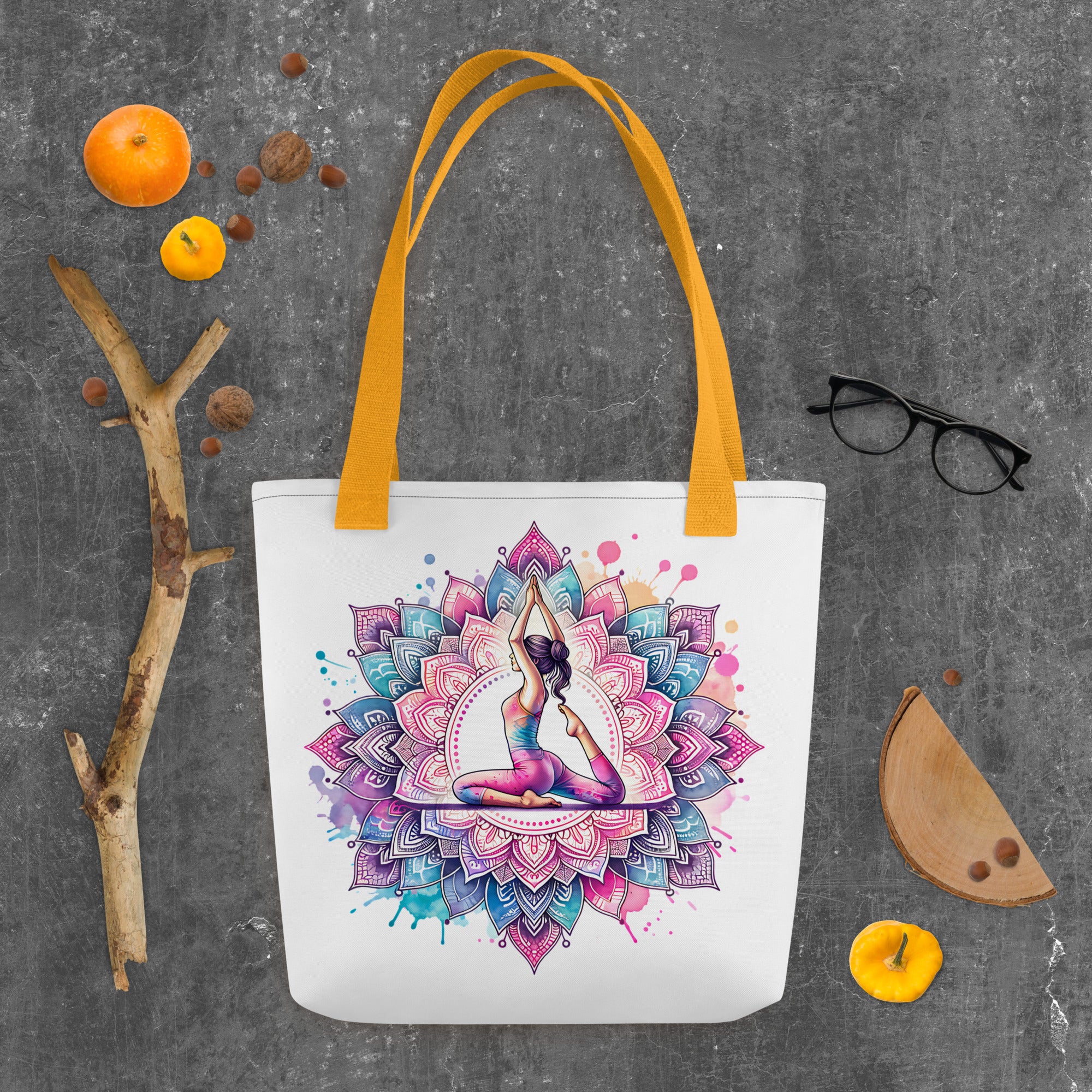 Bolso de tela con estampación de yoga y asas color amarillo