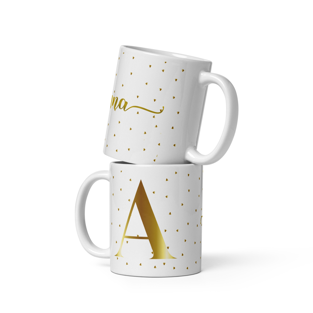 Taza blanca brillante con inicial y nombre personalizada color oro - Print Ediciones