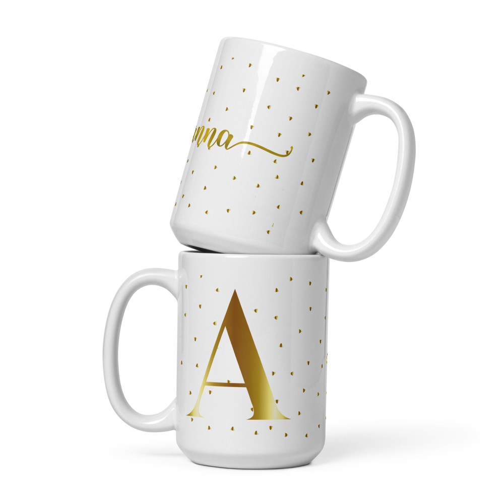 Taza blanca brillante con inicial y nombre personalizada color oro - Print Ediciones